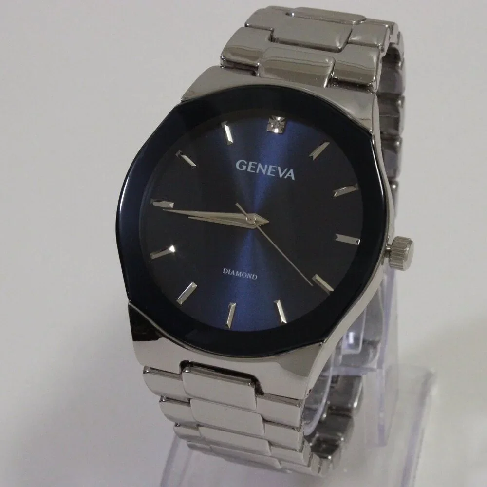 Geneva Men's Casual Quartz Watch Diamond At 12 Integrated Bracelet 42mm